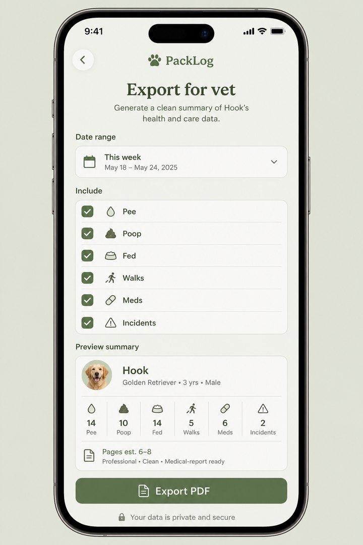 PackLog vet-ready export screen